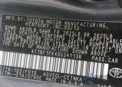 2013 Toyota Camry Le из США, поврежденный, VIN 4T1BF1FK4DU241138